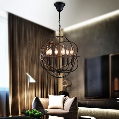 Industrial Globe Pendant Chandelier 6-Light Iron Hanging Light Fixture with Candle Design in Black