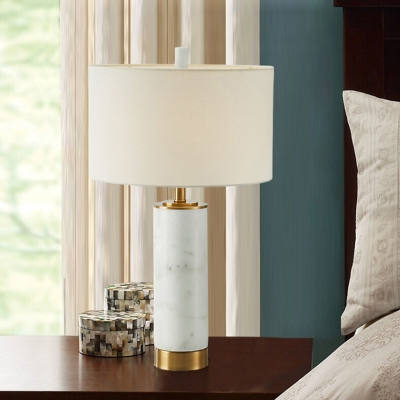 Minimalist 1 Head Table Lamp White Drum Nightstand Light with Fabric Shade and Marble Base