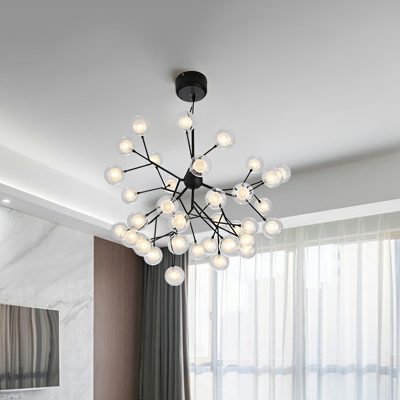 Modern Firefly Chandelier Light Clear and Frosted Glass 36 Bulbs Living Room Ceiling Hang Lamp in Black