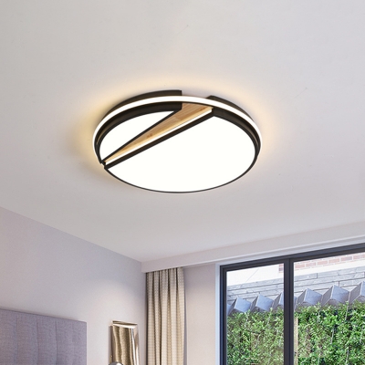 Novelty Simple Cut Round Ceiling Lamp Metal Bedroom LED Flush Mount Fixture in Black and Wood, White/3 Color Light
