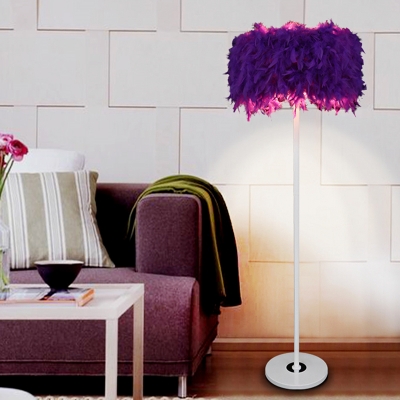 Single Living Room Reading Floor Lamp Simplicity White/Pink/Burgundy Floor Light with Drum Feather Shade