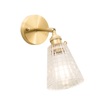 Tapered Shade Rotating Wall Lamp Kit Postmodern Clear Ribbed/Lattice Glass Single-Bulb Bedroom Wall Light in Gold