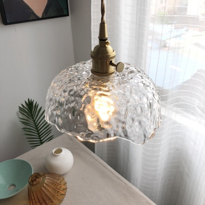 Untrimmed-Rim Bowl Hanging Light Postmodern Clear Hammered Glass 1 Head Dining Room Ceiling Pendant in Brass
