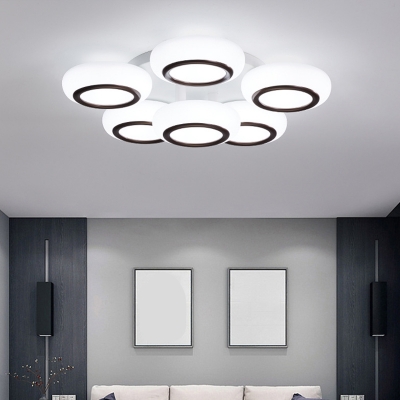 White Donut Semi Flush Light Fixture Modern 3/6-Light Iron Close to Ceiling Lighting for Bedroom