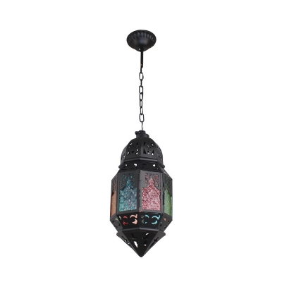 1 Head Stained Art Glass Pendulum Light Moroccan Black Lantern Dining Room Hanging Lamp