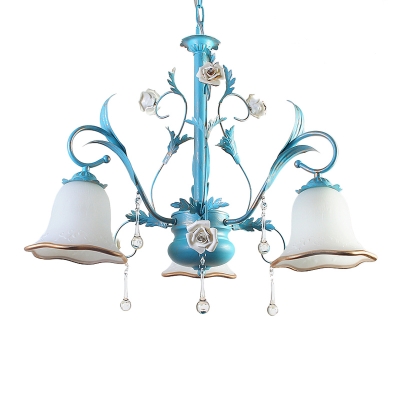 3/5/8-Head Ceiling Hang Light Pastoral Bellflower Frosted White Glass Chandelier in Blue with Crystal Drop