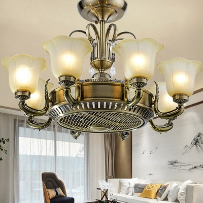 3-Blade 6/8 Heads Floral Hanging Fan Light Traditional Light-Gold Opal Frosted Glass Semi Flush Chandelier, 34