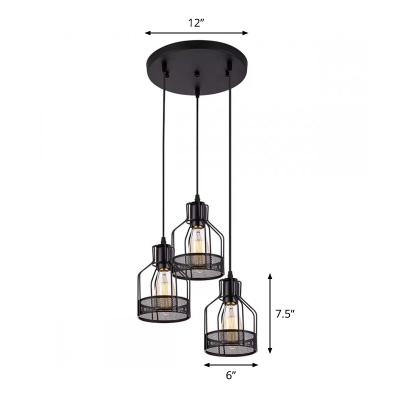 3 Lights Cluster Pendant Farmhouse Dining Room Hanging Light with Bottle Iron Cage in Black