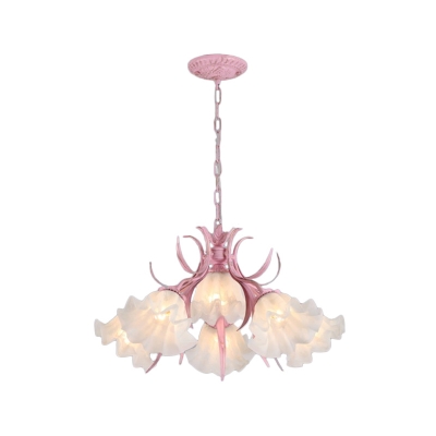 4/6/9 Heads Chandelier Lighting Pastoral Flower Ruffled White Glass Hanging Ceiling Light in Pink/Green