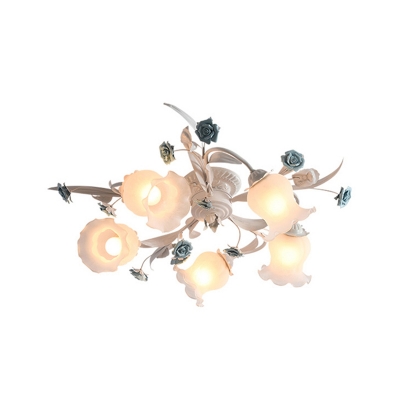 5-Light Semi Flush Mount Ceiling Fixture Pastoral Flower Opal Frosted Glass Flush Mount Light in White
