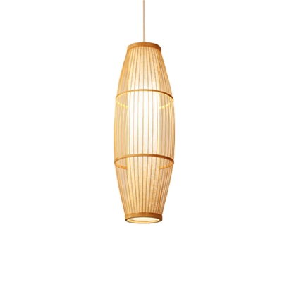 Asia Elongated Barrel/Oval Pendant Light Bamboo Single Bulb Restaurant Pendulum Light in Beige, 15