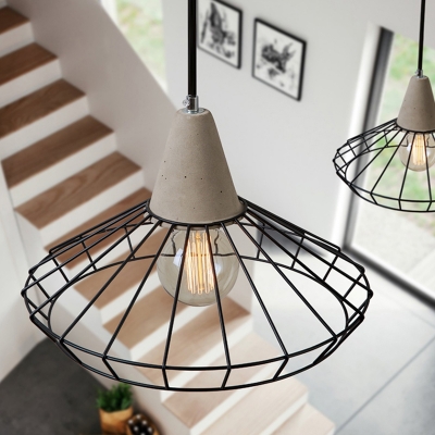 Black Cone/Birdcage/Triangle Pendant Warehouse Iron 1 Bulb Dining Room Hanging Light Kit with Cement Top