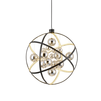 Black Sphere LED Chandelier Pendant Industrial Iron Dining Room Hanging Light with Ball Mirror Glass Shade, 19.5