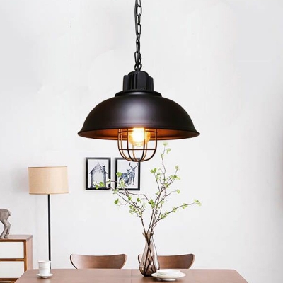 Black/White Bowl Ceiling Pendant Industrial Metal 1-Light Dining Room Suspension Lamp with Cage Inside