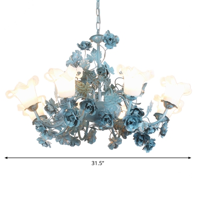 Blue Rose Blossom Hanging Lamp Romantic Pastoral Milky Glass 3/5/8 Bulbs Dining Room Chandelier