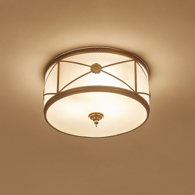 Brass Small/Large Drum Ceiling Lamp Minimalist Frosted Glass 3/4 Lights Living Room Flush Mount with/without X Brace