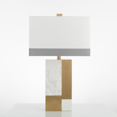 Colorblock Rectangle Night Light Minimalist Marble 1 Bulb Grey/White and Brass Table Lamp with Fabric Shade