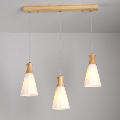 Conical Frosted White Glass Pendant Lamp Nordic 1/3-Head Wood Hanging Light Kit with Round Canopy