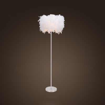 Drum Standing Floor Light Minimalist Feather Single Girls Bedroom Floor Lamp in White/Chrome with/without Crystal Strand