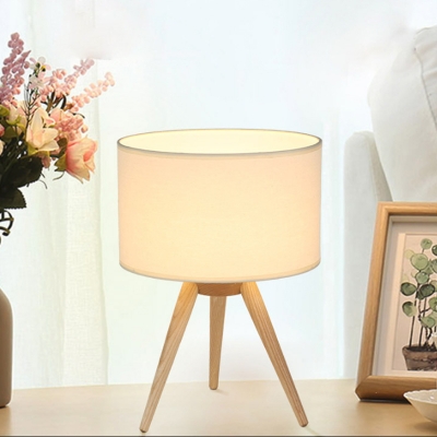 Fabric Drum Nightstand Light Nordic 1 Head Table Lamp with Wooden Telescope Stand