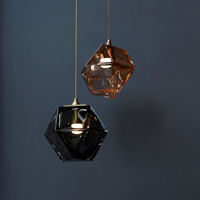 Faceted Prism Ceiling Hanging Lantern Postmodern Frosted White/Rose Gold/Smoke Grey Blown Glass Single Bedroom Drop Pendant
