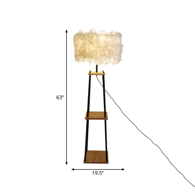 Feather Dome/Drum Floor Standing Light Nordic 1-Light Grey/White Floor Lamp with 2-Tier Wood Rack