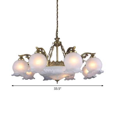 Frosted White Glass Ball Chandelier Traditional 11 Heads Sitting Room Hanging Pendant with Ruffle Trim