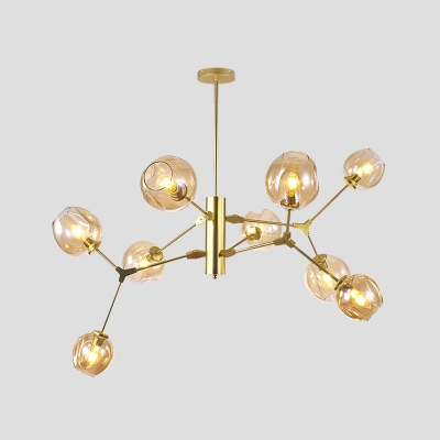 Gold Branch Ceiling Pendant Modern Style 9-Light Dimpled Amber Glass Hanging Chandelier
