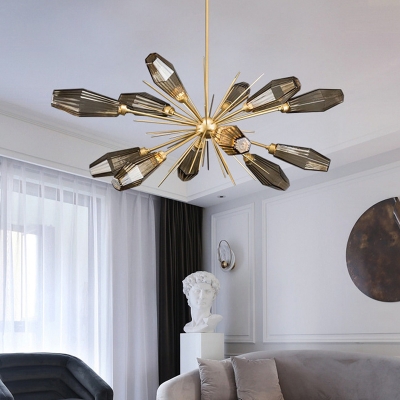 Grey Glass Diamond Chandelier Postmodern 12 Bulbs Gold Burst Design Hanging Lamp Kit