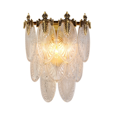 Layered Oval Crystal Wall Lamp Postmodern 2 Lights Gold Sconce Lighting with Peacock Tail Design