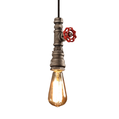 Metal Water Pipe Exposed Pendant Light Loft 1-Head Kitchen Down Lighting in Black/Silver/Bronze with Decorative Valve