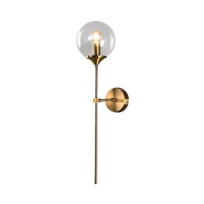 Pencil Arm Wall Light Fixture Postmodern Metal 1-Head Brass Sconce Lamp with Sphere Clear/Smoke/Amber Glass Shade