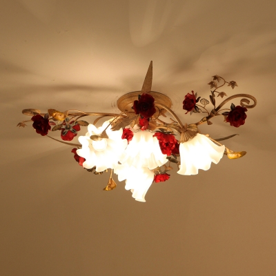 Red 4/7/9 Bulbs Ceiling Mount Light Pastoral Flower White Glass Blossom Semi Flush Light Fixture