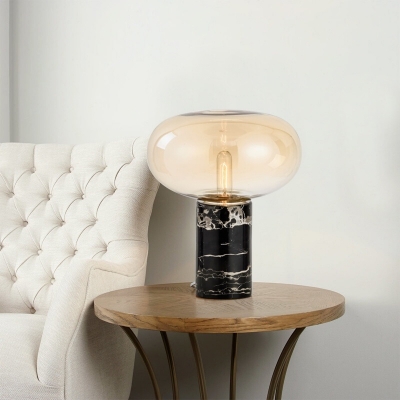 Smoke Grey/Amber Glass Oval Table Lamp Contemporary 1 Bulb Black Night Stand Light with Marble Stand