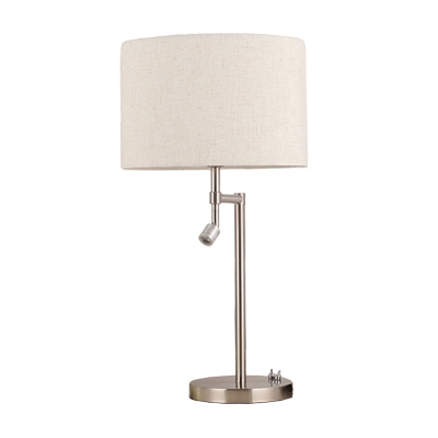 Straight-Sided Drum Night Light Simple Fabric Single Bedside Table Lamp with Spotlight in White and Chrome