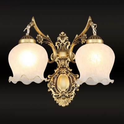 White/Bronze 2 Bulbs Wall Lamp Traditional Opal Frosted Glass Bud Shaped Wall Mount Light with Ruffle Trim