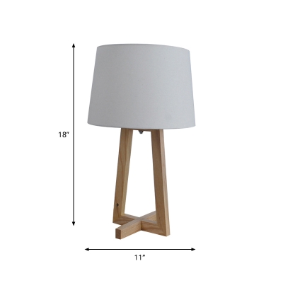 White Bucket Shade Night Light Modern 1 Light Fabric Table Lighting with Triangle Wood Base