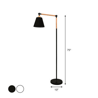 1-Light Bedroom Floor Standing Lamp Nordic Black/White and Wood Swing Arm Floor Light with Conic Fabric Shade