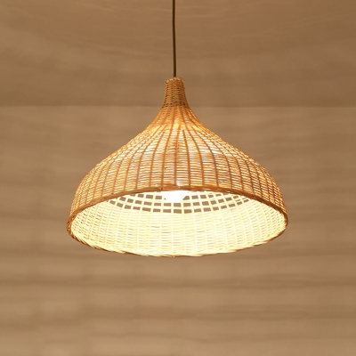 1 Light Tearoom Pendulum Light Chinese Beige Hanging Pendant with Tapered/Dome/Flying Saucer Bamboo Shade