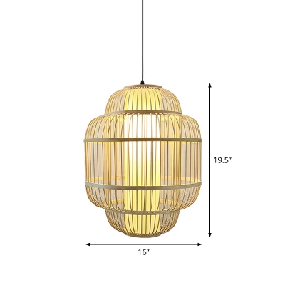 2-Layered Ceiling Hanging Lantern Asian Bamboo 1-Light Beige Pendant Lamp, 16