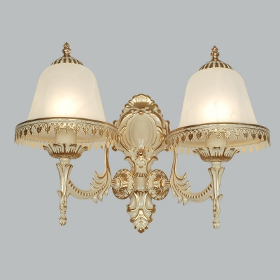 2 Lights Bell Wall Mount Lighting Traditional Beige Frosted Glass Wall Light with Trim