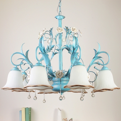 3/5/8-Head Ceiling Hang Light Pastoral Bellflower Frosted White Glass Chandelier in Blue with Crystal Drop