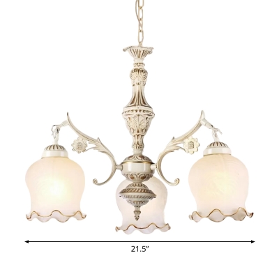 3-Light Chandelier Traditional Bedroom Ceiling Hang Light with Scalloped Dome/Bell Frosted Glass Shade, White/Bronze