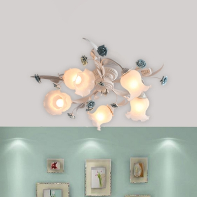5-Light Semi Flush Mount Ceiling Fixture Pastoral Flower Opal Frosted Glass Flush Mount Light in White