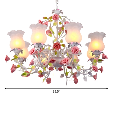 6/8 Heads White Glass Pendant Lamp Pastoral Style Pink Flower Living Room Hanging Chandelier