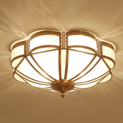 Antiqued Dome Ceiling Lighting 3/4/6 Bulbs Frosted Glass Flush Mount Lamp with Floral Edge in Brass, Small/Medium/Large