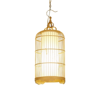 Asian Elongated Birdcage Pendulum Light Bamboo 9.5