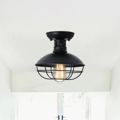 Black Bowl Semi Mount Lighting Rustic Iron Single Dining Room Ceiling Flush Mount Light with Cage
