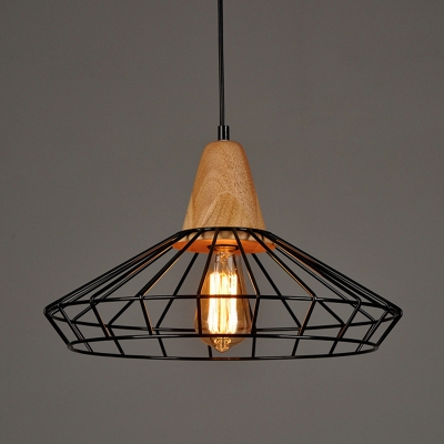 Black Finish 1 Head Drop Pendant Farmhouse Iron Barrel/Barn/Diamond Hanging Ceiling Light with Wood Top