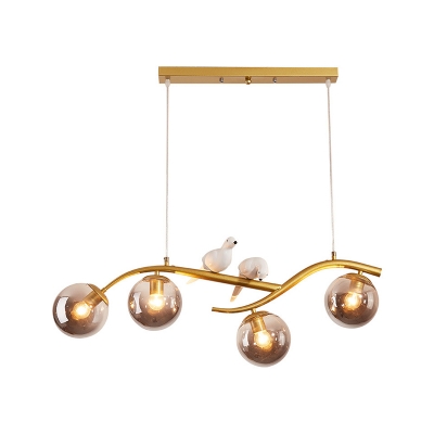 Branch Dining Room Island Pendant Light Smoke Grey/Cognac Ball Glass 4-Bulb Modernist Hanging Lamp in Black/Gold with Bird Decor